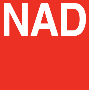 A red square with the word nad in white letters.