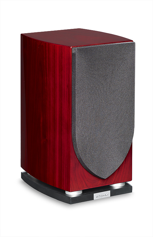 A red speaker with black accents on top of a stand.