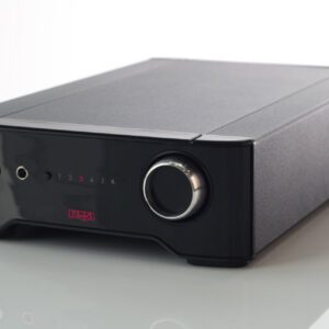 A black and silver stereo with a red button.