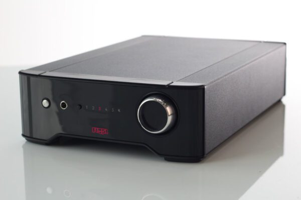 A black and silver stereo with a red button.