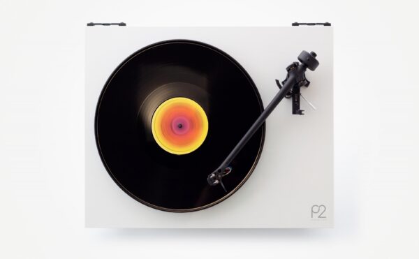 A record player with a black and white background