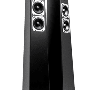 A black speaker tower with two speakers on each side.