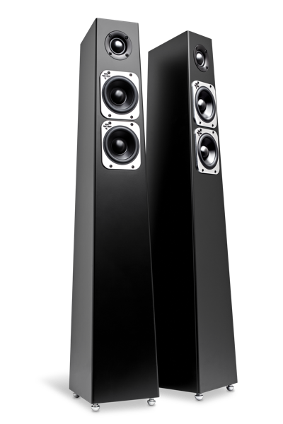 A black speaker tower with two speakers on each side.